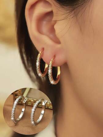 2pcs/Set Retro Minimalist Zirconia Hoop Earrings, Charming Fashion Earrings For Women, Suitable For Formal Occasions And Party Dresses