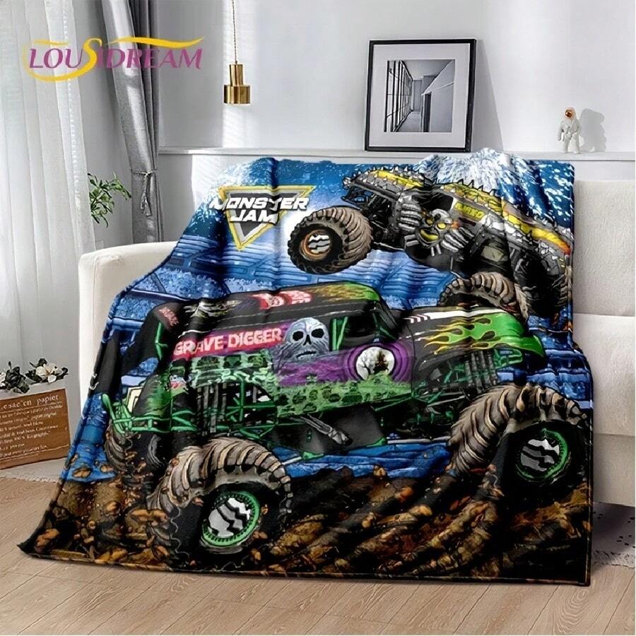 Monster Truck 3D Monster Jam Cartoon Soft Flannel Blanket For Bed Bedroom Sofa Picnic,Throw Blanket For Outdoor Leisure Nap Gift1 - trắng - Xem 1