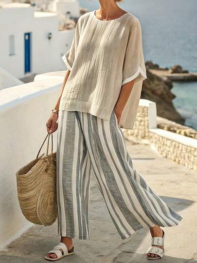 YI XUAN Completo casual bohémien in due pezzi per donne taglie forti, set di top e pantaloni comodi con stampa a righe, scollo tondo e maniche corte, casual ed elegante set bohémien alla moda per l'estate