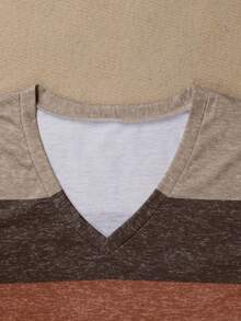 Plus Size Women Striped V-Neck Casual T-Shirt Summer - Brown - View 4