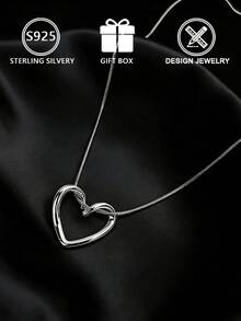 1件925纯银镂空心形吊坠项链（简约心形设计），含礼盒，适合日常佩戴和情人节礼物 - 銀色 - 查看 5