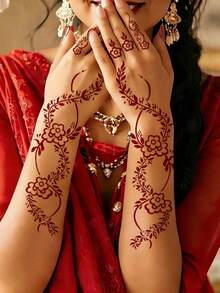 1张棕色防水花朵海娜纹身贴纸，女士专用，手部假纹身，婚礼派对节日临时纹身 - 酒紅色 - 查看 2