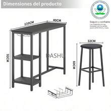 Mesa de Bar, Barra de Cocina,Comedor Viene con Dos Sillas para Barras y 3 Niveles de Estantes, Adecuado para Cocina y Bar Comedor (Negro) - por defecto - Ver 2