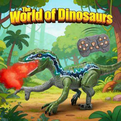 Roaring Raptor: 2.4GHz Remote Control Velociraptor Dinosaur Toy - Realistic Walking, LED Lights, Sound Effects, Laser Tracking & Mist Spray - Perfect Jurassic Gift For Kids 3-12