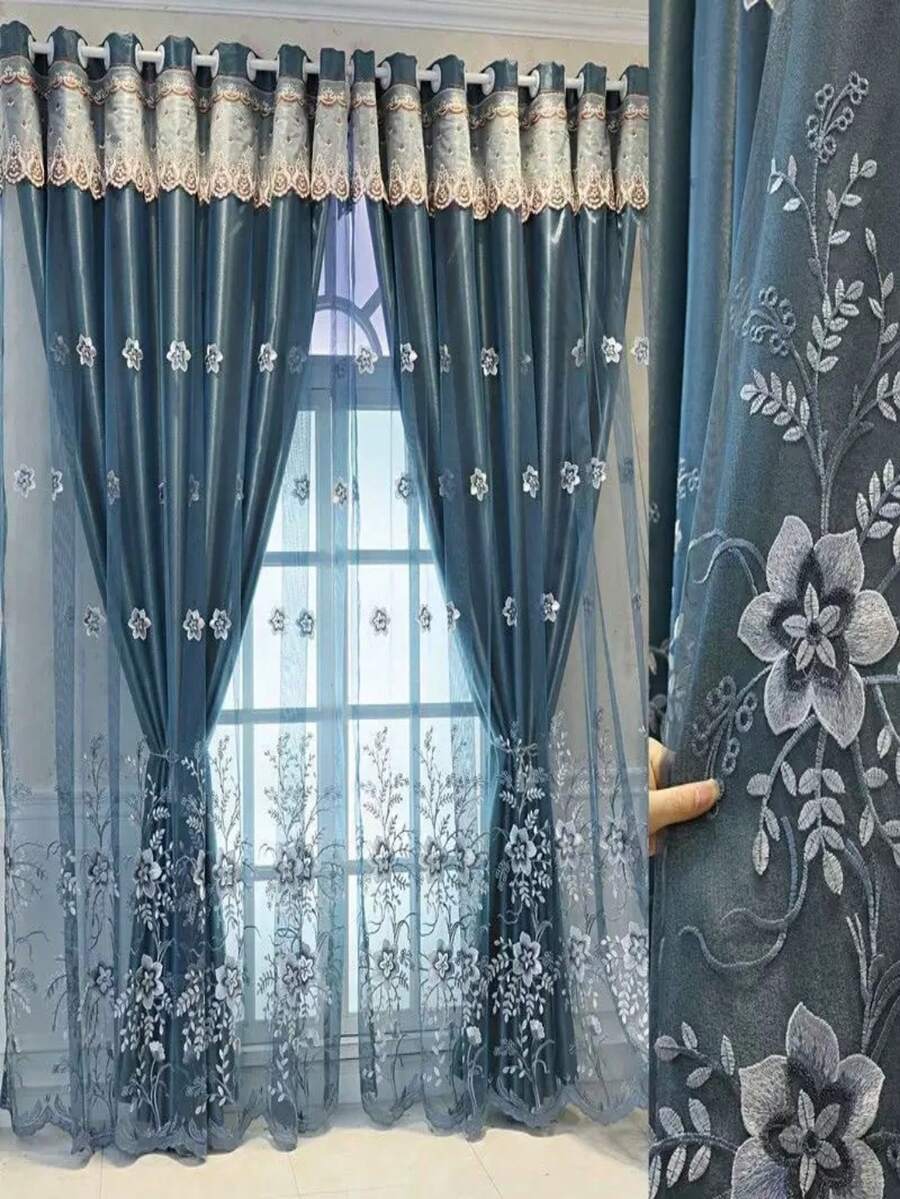 1pc Luxury Embroidered Blackout Curtain, Double-Layer Sheer Fabric, Thermal Insulation & UV Protection, Thick & Draping, Suitable For Bedroom, Living Room, Dining Room, Strong 3D Effect And Easy Maintenance, Displaying A Romantic And Luxurious Home Atmosphere - Multicolor - View 1