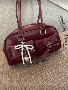 新款蝴蝶结单肩腋下包，女士圣诞手提包/枕形包/保龄球包/时尚通勤包，纯酒红色。这款保龄球包风格的钱包配有多个实用口袋、顺滑的金属拉链和双提手，可肩背或手提。 - 酒紅色 - 查看 4