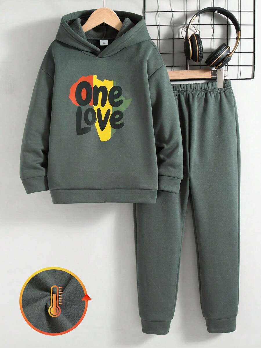 Bộ 2 món cho bé trai tuổi teen, gồm áo hoodie và quần dài in chữ, kiểu dáng thường ngày, có lớp lót giữ nhiệt, thích hợp cho mùa thu/đông. - Màu xám đen - Xem 1