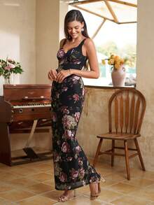 PARTHEA 女士无袖粉黑印花吊带长裙，优雅褶皱开衩露背设计，高弹力长款派对礼服 - 黑色 - 查看 7