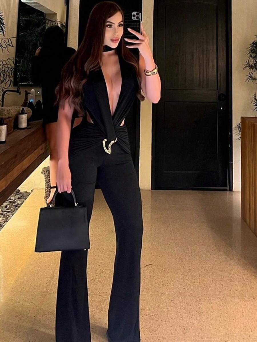 Women's Casual Vacation Party Party Sexy Sleeveless Deep V Low Chest Hollow High Waist Slim Slimming Jumpsuit - 黑色 - 查看 1