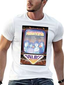 Hawkins Arcade Poster-Streetwear Short Sleeve With Bold LANLAO Lettering & Portrait Print, Machine Washable Round Neck Casual Summer Top For Urban Fashion, Gym, Parties & Casual Attire - Youth Style Apparel, Gym Outfit, Party Clothing,  Design, Stretchy Fabric, Breathable Material, Printed Shirt, Young, Fashion Enthusiasts - 白色 - 查看 5