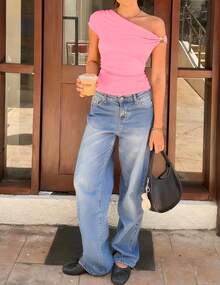 Women's 2026 Summer Off Shoulder Tops Going Out Y2k Shirts Spring Cap Sleeve Ruched Asymmetrical Blouses - Pink - View 4