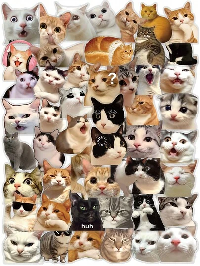 50PCS Cute Funny Cat Stickers Meme Animal Expression Decals Adorable Kitty Aesthetic Vinyl Set For Adults Pet Lovers For Bicycle Helmet Motorcycle Helmet Water Bottle Flask Backpack Messenger Bag Phone Case Mirror Wall Window Door Home Decor
