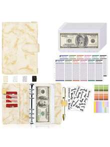 Pink Marble Design (Outer Shell) + 8 Zipper Pouches + A6 Cash Budget Cards (12pcs) + 2pcs English Stickers + Snap Button Label Sticker, A6 Loose-Leaf PU Leather Notebook - Multicolor - View 10