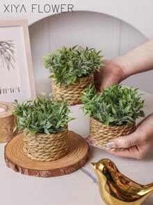 3pcs/Set Artificial Rattan Potted Plants, Seagrass Rope, 3 Identical Green Plants, Made Of PE And Polyester Fiber, Desktop Decor For School, Dorm, Office, Home, Back To School, Valentine's Day, Easter, Spring/Summer - Green - View 7