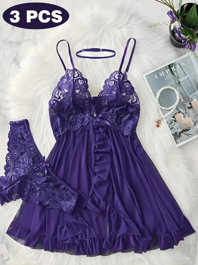 ROMWE Kawaii 3 st/set för kvinnor, sexigt djupt V-hals-set med spets, Lotus-underkläder, mångsidiga sexiga sovkläder för sovrum, badrum, fest