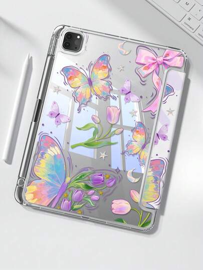 A Cute Cartoon Leopard Print Star Letter Pattern Double-Sided Acrylic Transparent Crystal Back Cover, Shock-Proof, Suitable For IPad 7th, 8th, 10th Generation (10.2 Inch), Built-In Pen Slot, Support Sleep/Wake Function, Ideal Christmas And New Year Gift