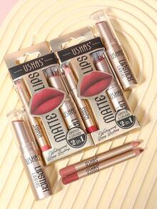 USHAS唇膏+唇线笔套装，11种颜色可选，持久防水，裸色唇膏，滋润自然妆效，金色包装，适合所有肤色 - #03 - 查看 9