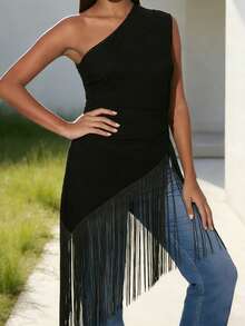 Women's One Shoulder Tank Tops Sleeveless Solid Color Ruched Tassel Hem Slim Fit Vest - Black - View 3