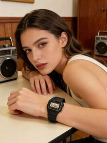 Casio 卡西欧男女通用电子表 - 防水表带，具备日历、闹钟和秒表功能。复古学生风方形腕表。橡胶表带。运动时尚。适合日常佩戴。新年、圣诞节、圣诞礼物。 - 橘子黑色 - 查看 5