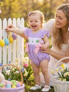 Infant Baby Girl Easter Romper Flying Sleeve Crew Neck Cute Bunny Embroidery Plaid Print Bow Decor Jumpsuit - 紫色 - 查看 6