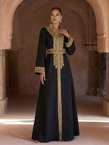 女士优雅端庄提花束腰长款罩袍，适合派对、正式场合、盛会等，也可作为罩袍穿着（宽松版型 - 请查看尺码表）黑色春季款 - 黑色 - 查看 6