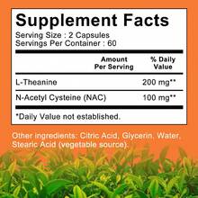 L-Theanine Dietary Supplement - With 200 Mg Of L-Theanine And 100 Mg Of N-Acetylcysteine ​​(NAC) - Supports Cardiovascular Health, Relieves Stress - 120 Capsules, 60-Day Supply - 1瓶 - 查看 2
