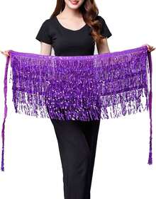 Sequin Belly Dance Scarf Tassel Wrap Sparkly Fringe Skirt With Pair Heart Party Rave Costume Women - 紫色 - 查看 2