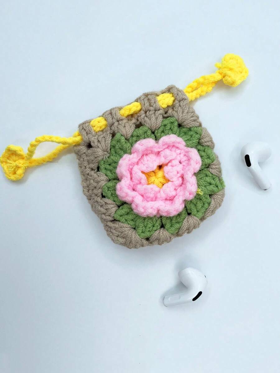 Women's Handmade Crochet Headphone Case Floral Design Drawstring Bag Mini Knitted Storage Pouch For Earbuds And Creative Gift Ideas - 卡其色 - 查看 1