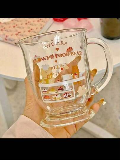 1pc Cute Bear Pattern Glass Cup, Transparent Milk/Breakfast Cup, Unique Beverage Cup