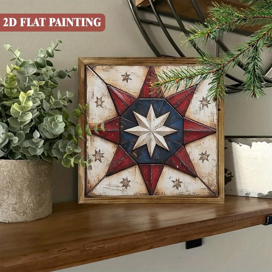 MK2D Flat, 1 Piece Vintage Barn Starburst Quilt Striped Wooden Sign - Patriotic Red And Blue Farmhouse Wall Hanging Decoration, 8.0x 8.0inch Rustic  Wood Carving For Bedroom, Barn, Garage, Office - Independence Day And Christmas Gift, No Electricity Required, Western Home Decor, Holiday Ornament, 2D Flat - 20*20CM - Xem 1