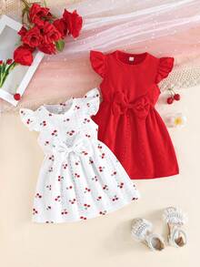 2件套女婴可爱樱桃印花休闲连衣裙套装 - 紅色 - 查看 1
