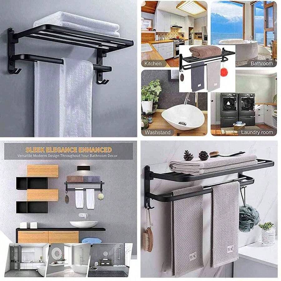 ANNA TOSANI Accesorios de Bao, Estante de Toallas Plegable de Pared, Toallero de Acero Inoxidable Negro, 58cm con Barras y Ganchos, Ideal para Bao y Cocina - como se muestra en la figura - Ver 1