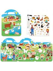 一套儿童可重复使用贴纸书，包含3个可折叠场景，旅行主题贴纸书，生日礼物，教育类书籍（公主+美人鱼+交通工具+动物+宠物+海洋+农场+职业+恐龙），贴纸书，可重复使用贴纸书，旅行主题贴纸书，农场主题贴纸，书籍贴纸，故事书 - 彩色 - 查看 5