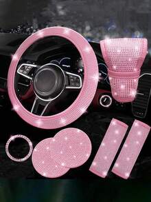 7件套汽车配件套装,女士汽车配件,亮面方向盘套,亮面汽车杯垫,亮面套装,安全带肩垫,圆形Logo贴纸,换挡杆套 - 款式A - 查看 28