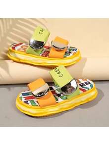 Sandal nữ đế dày, kiểu dáng tối giản, họa tiết graffiti Dopamine, có khóa dán. - Vàng - Xem 2