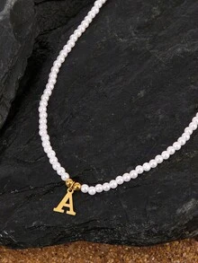 Opalesca 1pc Elegant Polyresin Stainless Steel Letter Pendant Necklace Faux Pearl Beaded Necklace For Women For Gift - Multicolor - View 2