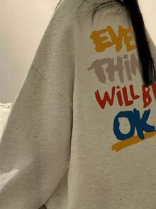 女士灰色简约个性字母印花宽松休闲舒适居家日常通勤返校圣诞节新年圆领长袖卫衣，秋冬款 - 灰色 - 查看 4