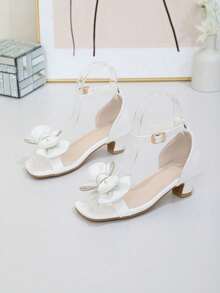 1 par de sandalias de tacón alto de verano para niñas, con doble capa de lazo de rhinestone, zapatos de princesa soñadora, punta cuadrada, adecuados para fiestas, reuniones y actuaciones escolares - Blanco - Ver 3