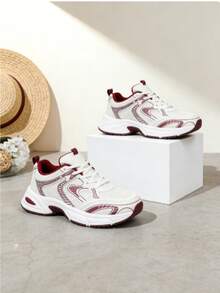 Women's Vintage - Style Dad Shoes, Mesh - Breathable With Thick Soles, Lightweight And Shock - Absorbing, White Sports Shoes For Daily Outings And Jogging - 紅色 - 查看 3