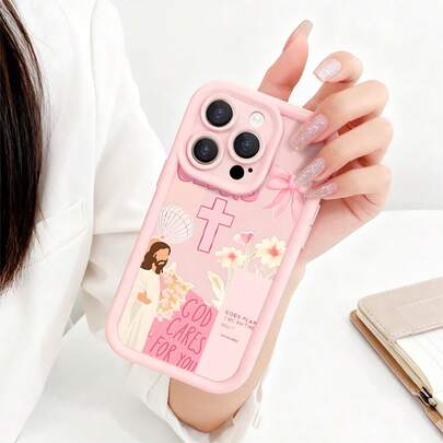 1PC Jesus Christian Religious Phone Case, Artistic Watercolor Style, Phone Case For IPhone 17 Pro Max 17 Air 17Pro 16 15 14 13 12 11 Pro Max, God Cares For You Gift, Pink Cross Design, Faith Hope Love Inspiration, Spiritual Gift, Religious Artwork Theme, Jesus Lover Present