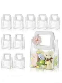 10pcs White Square Handle Clear Plastic Gift Bags, Reusable, Suitable For Weddings, Parties, Anniversaries, Valentine's Day, Mother's Day, Etc., Can Be Used As Candy/Chocolate Bags And Decorations - Square Handle White - View 1
