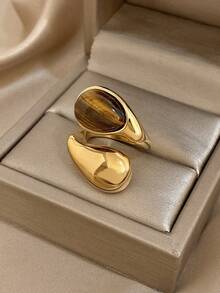 18K镀金不锈钢奢华复古虎眼石可调节戒指，女士奢华珠宝，适合复活节、情人节、派对、晚宴、日常佩戴、约会、新年、婚礼、海滩、圣诞节、周年纪念日等场合，优雅妈妈礼物，波西米亚风珠宝，生日礼物，伴娘礼物 - 彩色 - 查看 2