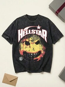 Hell Star Men's Black And Grey T-Shirt Hell Star Graphic Tee Cotton Shirt Unisex Couple Matching Boyfriend Style Double Sided Print Back Flame Face Graphic Distressed Happy Face Acid Washed Grunge Y2K Retro 90s Streetwear Summer Outfits Graphic Tees Men Oversized T Shirt Summer Clothes Men Fall Clothes Men Winter Clothes - 黑色 - 查看 6