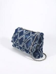 Borsa di jeans vintage consumata da donna, modello 2026, nuova collezione, con design intrecciato a diamante, catena borsa a tracolla e a tracolla, elegante e casual, adatta per uso quotidiano e appuntamenti - Blu - Visualizzare 4