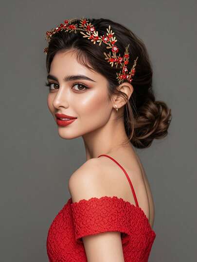 1pc Sweet Metal Leaf Rose Flower Headband, Suitable For Couples, Weddings, Parties, Gatherings, Ball Decorative Hair Accessory