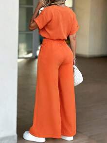 Conjunto de 2 piezas de top con escote entallado y pantalones de pierna ancha, casual y elegante para uso diario y vacaciones, primavera/verano - Naranja - Ver 2