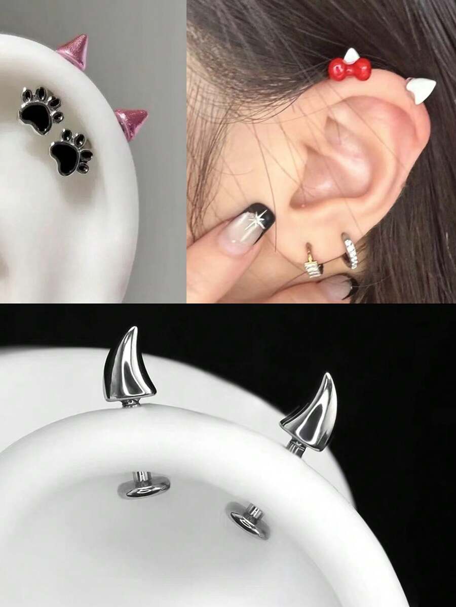 1对猫耳造型(包子猫耳)红色蝴蝶结耳骨耳环,酷炫甜美风格,猫爪恶魔指甲耳夹耳环,恶魔角小恶魔耳骨耳环,采用低刺激性铜材质,不褪色,全年皆可佩戴,睡觉无需摘下。 - 彩色 - 查看 1