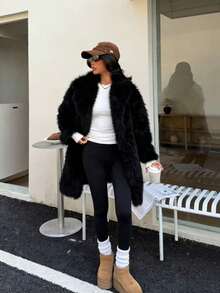 Seelio 女士仿皮草超大款外套，温暖舒适，欧美风，冬季新款黑色度假风 - 黑色 - 查看 3