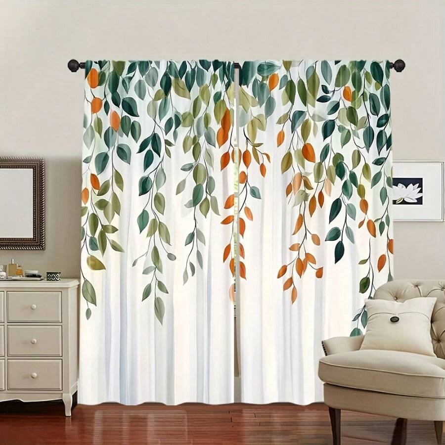 2pcs Watercolor Willow Leaf Curtain, Featuring Green And Orange Plant Pattern Flat Print Design, Ideal For Living Room/Bedroom Window Decor To Create A Natural Home Style. Rod Pocket Curtain. - Multicolor - View 1