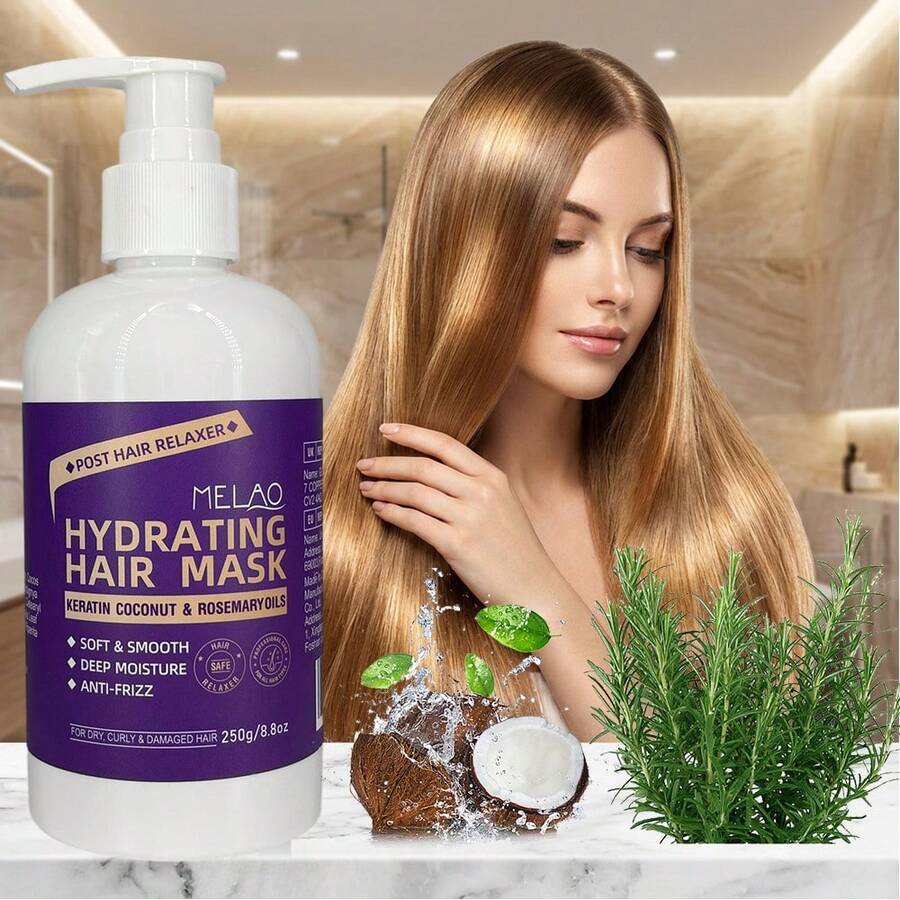 MELAO Keratin, Coconut & Rosemary Oil Moisturizing Hair Mask, Suitable For Dry, Curly & Damaged Hair, Post-Perm Care, Leaves Hair Soft & Smooth, Deeply Nourishing, Frizz Control, Strengthens Hair, 250g/8.8oz - Purple - View 1
